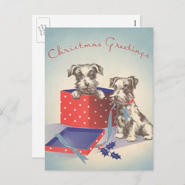 Cute Puppy Dogs, Vintage Christmas Greetings Holiday Postcard (Front/Back)