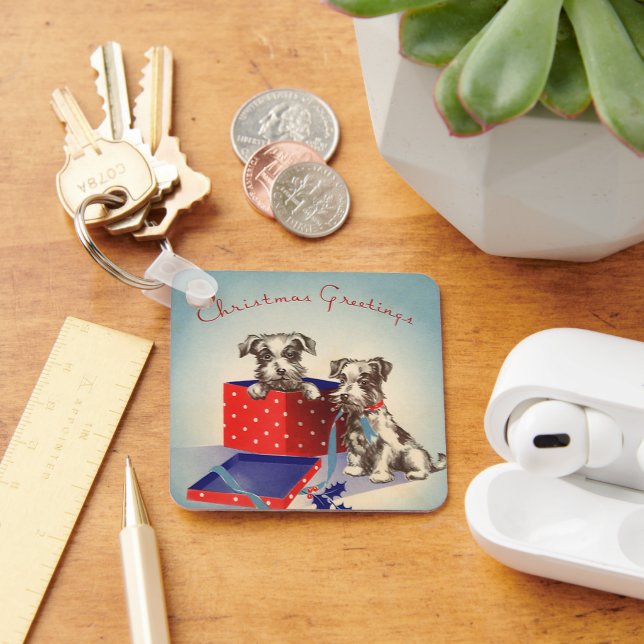 Cute Puppy Dogs, Vintage Christmas Greetings Key Ring (Desk)