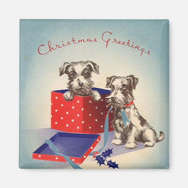 Cute Puppy Dogs, Vintage Christmas Greetings Magnet (Front)