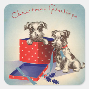 Cute Puppy Dogs, Vintage Christmas Greetings Square Sticker
