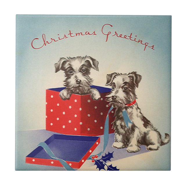 Cute Puppy Dogs, Vintage Christmas Greetings Tile (Front)