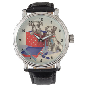 Cute Puppy Dogs, Vintage Christmas Greetings Watch