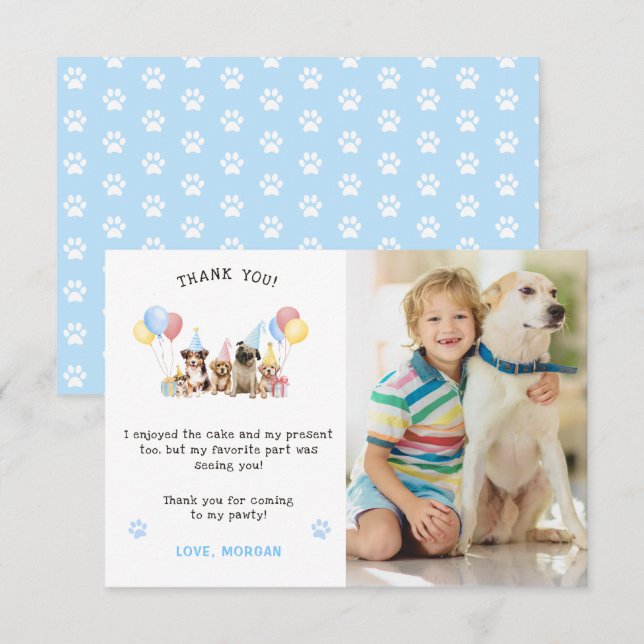 Cute Puppy Dogs Watercolor Blue Photo Thank You Card (Front/Back)