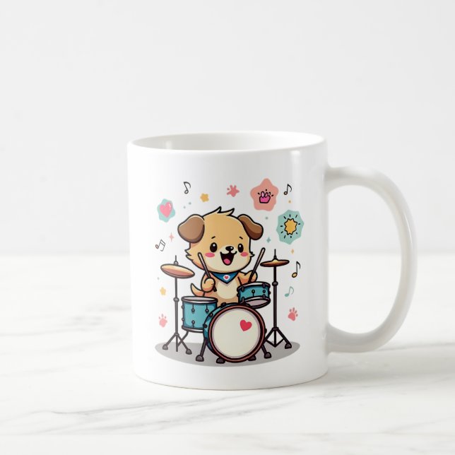 Cute Puppy Drummer - Happy Dog Playing Drums Coffee Mug (Right)