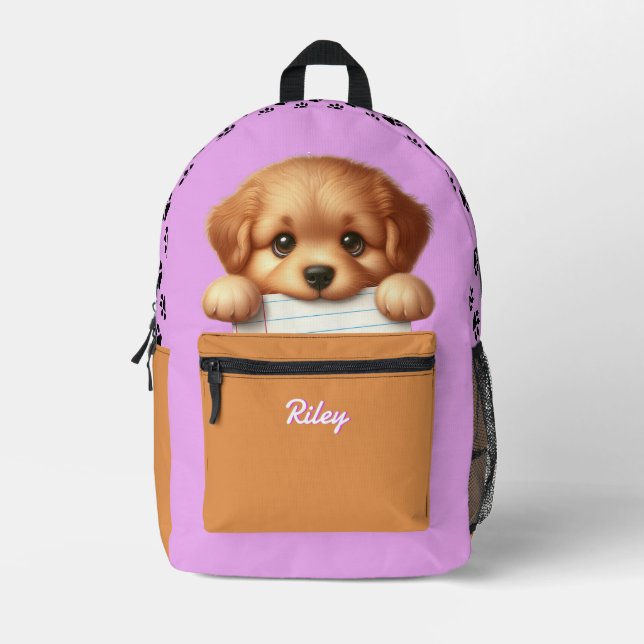 Cute Puppy Eating Homework Pink and Brown Printed Backpack (Front)