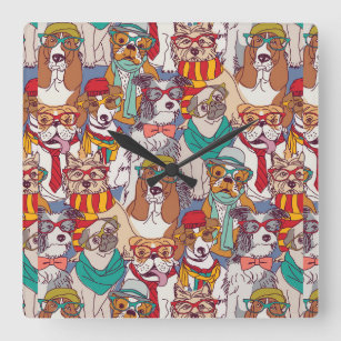 Cute Puppy Fashion Pattern Square Wall Clock