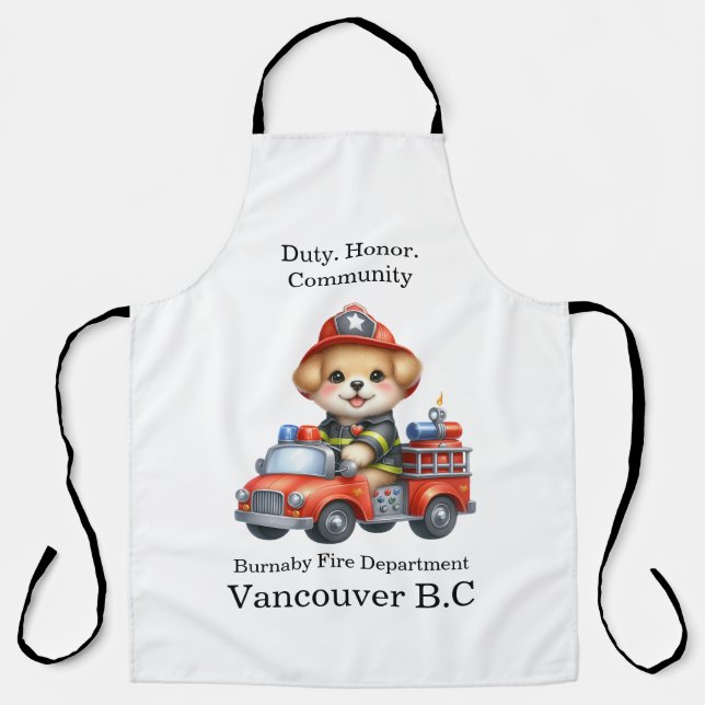 Cute puppy firefighter on a bright red truck apron (Front)