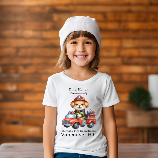 Cute puppy firefighter on a bright red truck T-Shirt (Creator Uploaded)