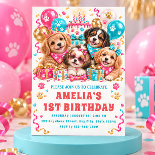 Cute Puppy First Birthday Pawty Invitation