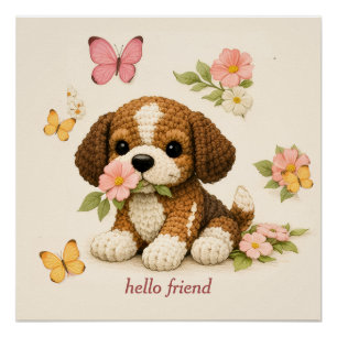 Cute Puppy Floral Butterfly Poster – Crochet Knit