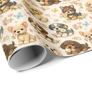 Cute Puppy Floral Butterfly Wrapping Paper
