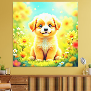 Cute Puppy Flower Art Canvas Print