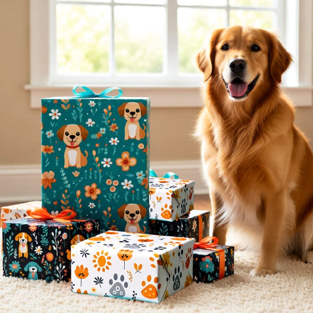 Cute Puppy Flowers set of 3  Wrapping Paper Sheet (Cute Puppy and Flowers Modern Whimsical Wrapping Paper Sheets)