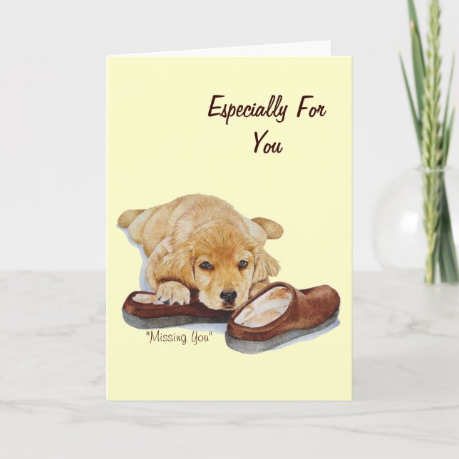 cute puppy golden retriever dog cuddling slippers card (Front)