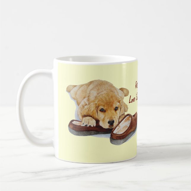cute puppy golden retriever dog cuddling slippers coffee mug (Left)