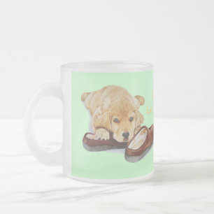 cute puppy golden retriever dog cuddling slippers frosted glass coffee mug