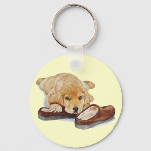 cute puppy golden retriever dog cuddling slippers key ring