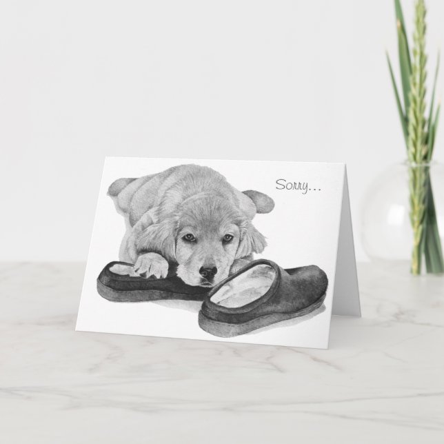 cute puppy golden retriever with slippers sorry card (Front)