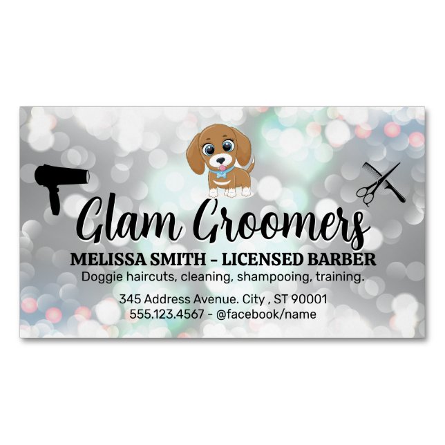Cute Puppy | Hair Grooming Tools | Bokeh Magnetic Business Card (Front)