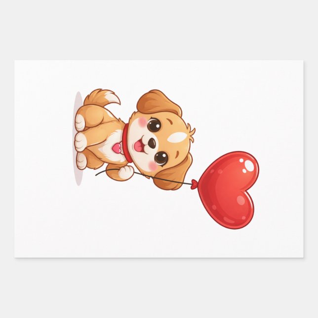Cute Puppy Heart Balloon Valentines Design Wrapping Paper Sheet (Front)