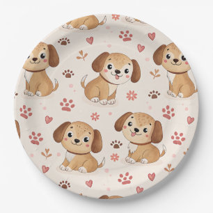 Cute Puppy Hearts Watercolor Pattern (1) Paper Plate