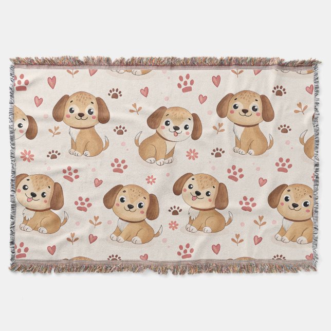Cute Puppy Hearts Watercolor Pattern (1) Throw Blanket (Front)