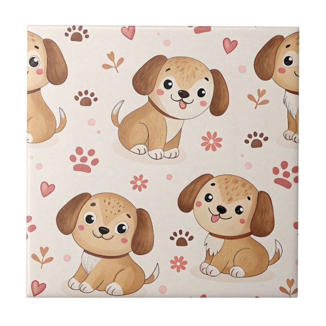 Cute Puppy Hearts Watercolor Pattern (1) Tile (Front)