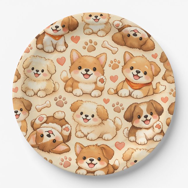 Cute Puppy Hearts Watercolor Pattern (2) Paper Plate (Front)