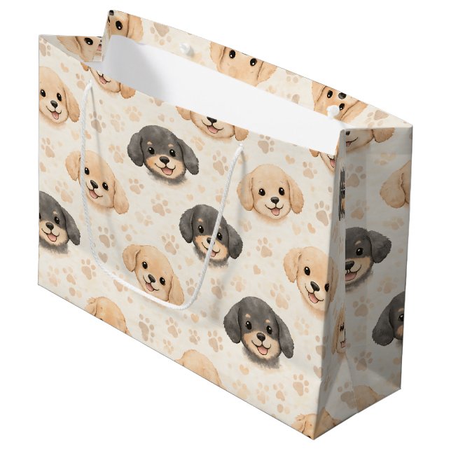 Cute Puppy Hearts Watercolor Pattern (3) Large Gift Bag (Front Angled)