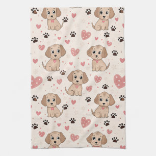Cute Puppy Hearts Watercolor Pattern (4) Tea Towel