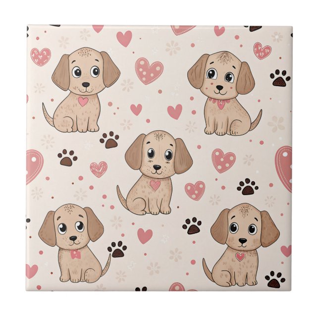 Cute Puppy Hearts Watercolor Pattern (4) Tile (Front)