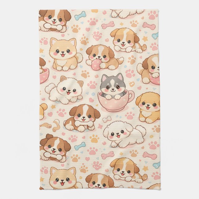 Cute Puppy Hearts Watercolor Pattern (5) Tea Towel (Vertical)