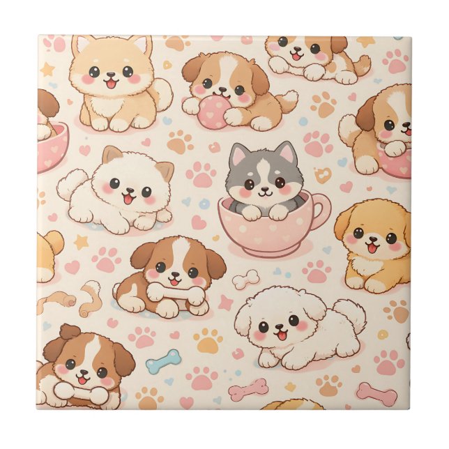 Cute Puppy Hearts Watercolor Pattern (5) Tile (Front)