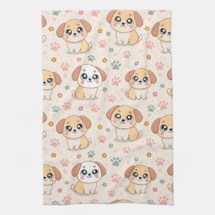 Cute Puppy Hearts Watercolor Pattern (6) Tea Towel