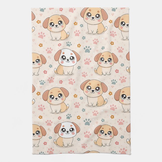 Cute Puppy Hearts Watercolor Pattern (6) Tea Towel (Vertical)
