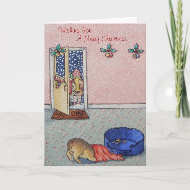 cute puppy hiding funny carol singers christmas holiday card (Front)