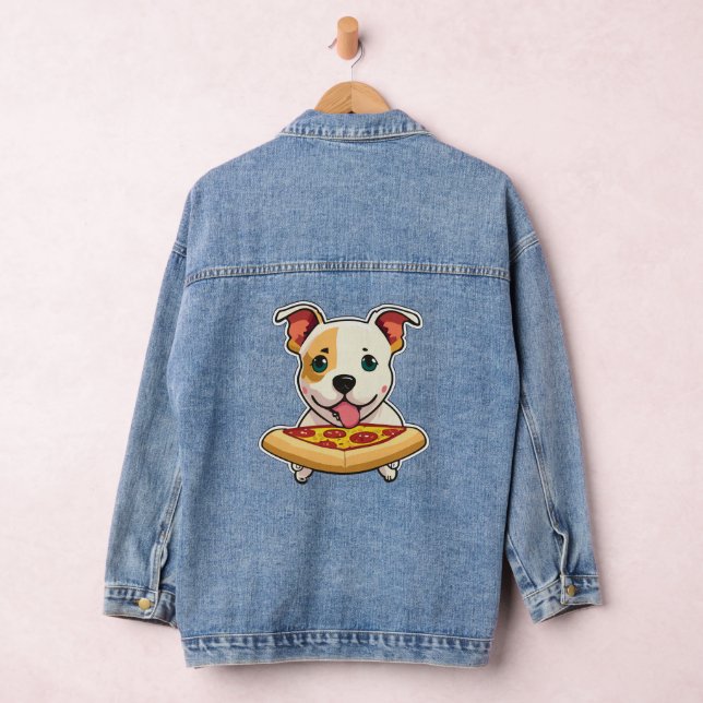 Cute Puppy Holding a Slice of Pizza Denim Jacket (Hangar)