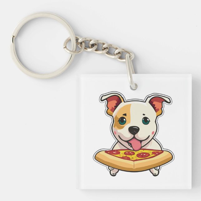 Cute Puppy Holding a Slice of Pizza Key Ring (Front)