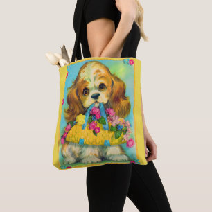 cute puppy holding flower basket tote bag