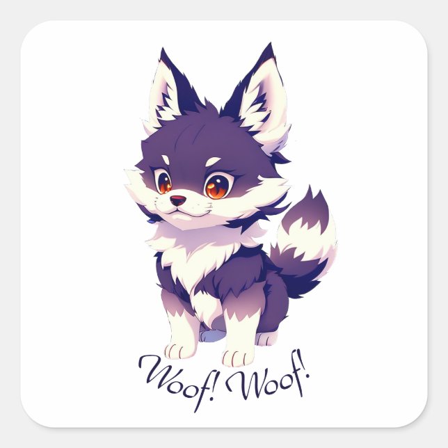 Cute puppy image in anime style square sticker (Front)