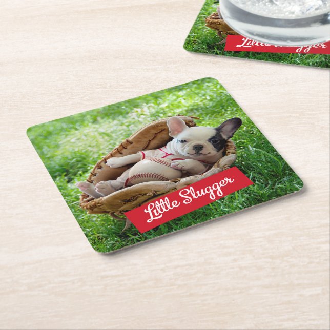 Cute Puppy in a Baseball Mitt Square Paper Coaster (Angled)