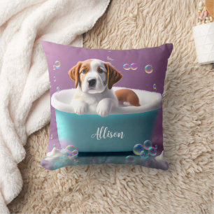 Cute puppy in a bathtub with soap bubbles cushion