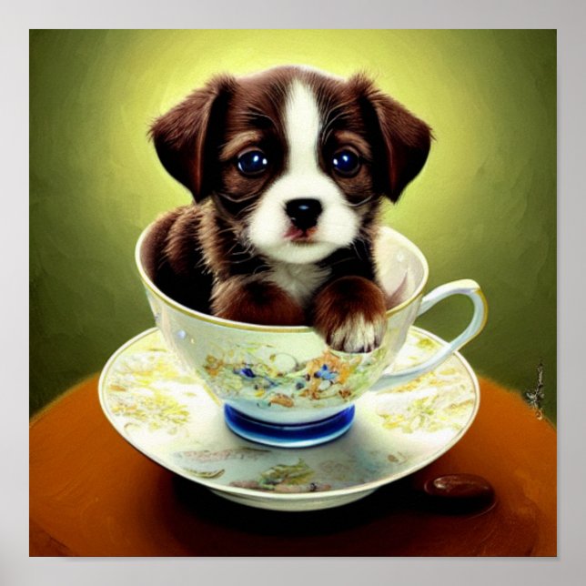 Cute Puppy in a Teacup Poster (Front)