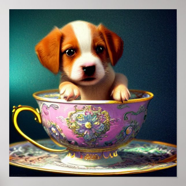 Cute Puppy in a Teacup Poster (Front)