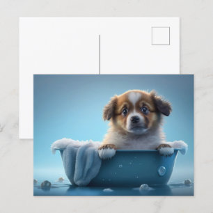 Cute Puppy in Blue Bath Tub Postcard