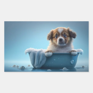 Cute Puppy in Blue Bath Tub Rectangular Sticker