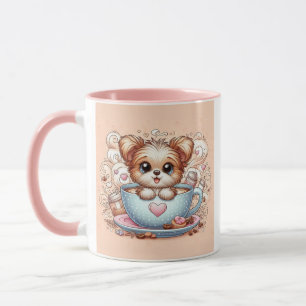 Cute Puppy in Coffee Cup with Hearts