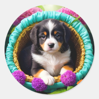Cute Puppy in Flower Basket Classic Round Sticker