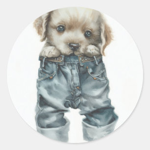 Cute Puppy in Jeans Art Classic Round Sticker
