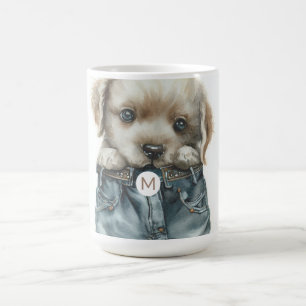 Cute Puppy in Jeans Art Monogram Coffee Mug